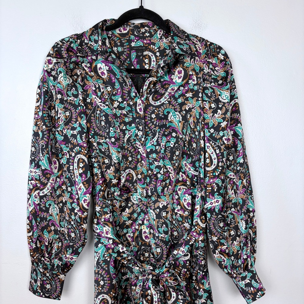 Ann Taylor Floral Belted Shirtdress Button Front Long Sleeve Midi Black Size 2 - Picture 3 of 15